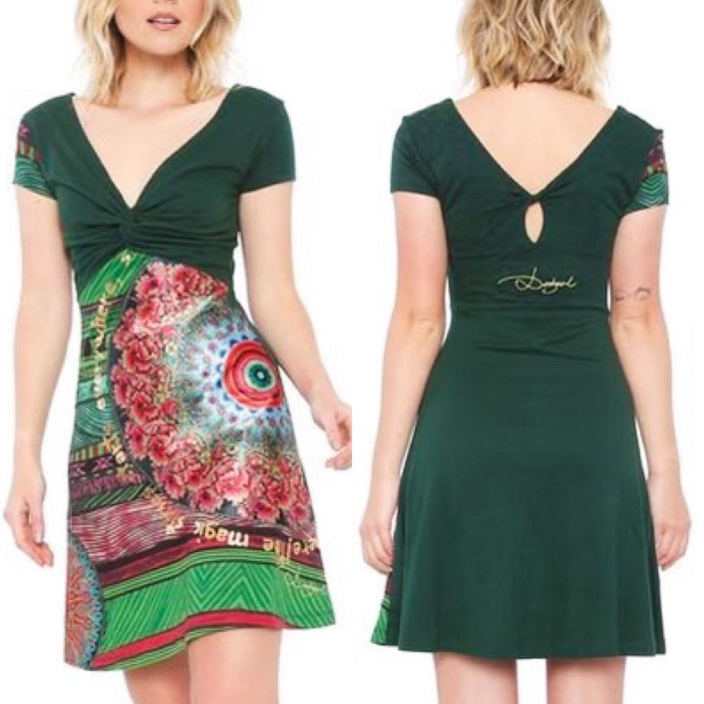 M Desigual Green Fit and Flare Mini Dress with V-Neck